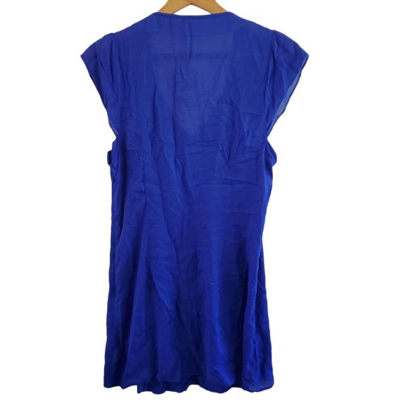 Anthropologie Odille Lissome Mini Dress 8 Blue Rayon Cap Slv V-Neck Ruffle Front - Picture 2 of 9